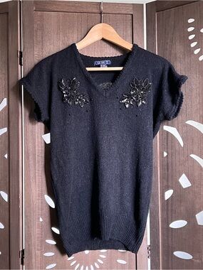 OHI Black V-Neck Short-Sleeve Sweater with Beaded Floral Accents